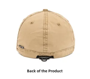 Detail of khaki cotton docker hat back with adjustable drawstring and fashion label