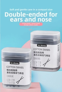 Macro detail of black dual-tip cotton swabs with ribbed and spoon ends for ear cleaning