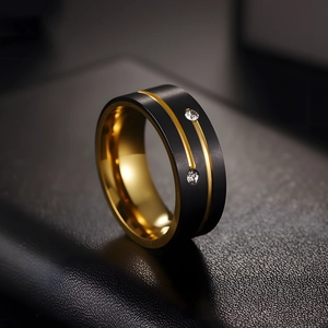 8mm two-tone black and gold titanium steel ring with sparkling inlaid zircons