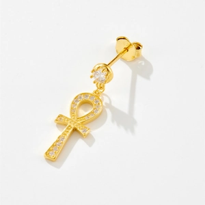 S925 sterling silver gold Ankh cross stud earring with white zircon inlay for men