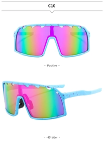 Macro detail of sports cycling sunglasses with blue frame and rainbow gradient lenses