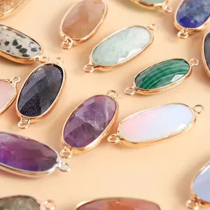 Natural crystal faceted oval connector pendants in various colors with gold-plated edges