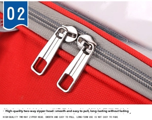 Detailed macro view of durable silver dual-metal zippers on a red travel pet carrier bag