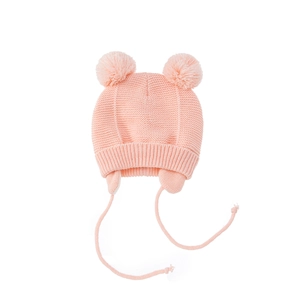 Süße rosa Strickmütze für Kinder mit zwei Bommeln und Ohrenklappen, warme Wintermütze.