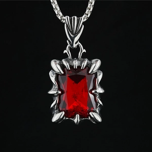 Punk dragon claw necklace with square red gemstone in silver stainless steel finish