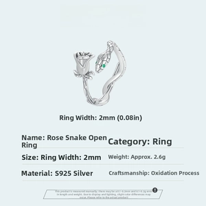 Detailed view of S925 silver rose snake ring with dimensions 2mm width and 2.6g weight