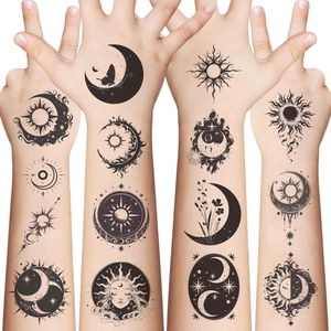 Waterproof sun and moon temporary tattoos with celestial patterns on arms for parties