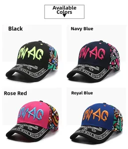 Detail of Swag embroidered baseball caps in black, navy, rose and royal blue colors
