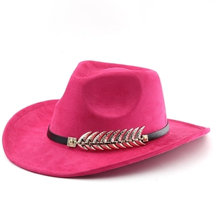 Fuchsia wool felt jazz hat with gold leaf buckle and black leather band in western style