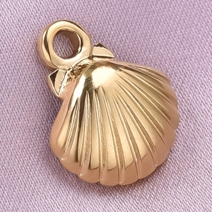 Macro shot of gold shell pendant with fine textures on pink silk fabric background