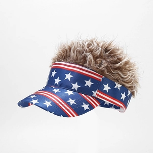 Detail of American flag baseball cap featuring realistic brown wavy wig hair extension