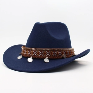 Detail of dark blue felt cowboy hat featuring ethnic embroidery and silver coin pendants