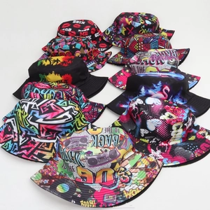 Flat lay of vintage bucket hats featuring diverse 80s 90s graffiti and retro prints