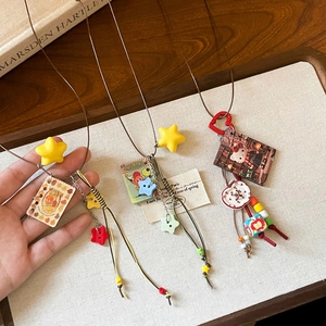 Retro acrylic geometric star pendant necklace with cartoon Sanrio charm on leather cord