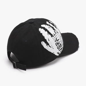 Distressed black cotton baseball cap with white palm print and adjustable metal strap