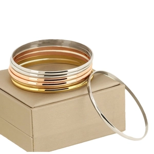 Three-color 18K gold plated stainless steel stacked bracelets in gold silver and rose gold