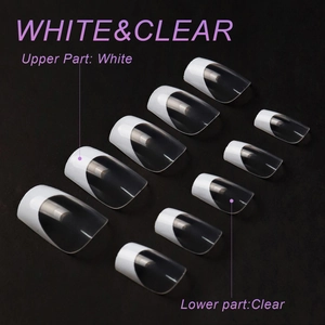Macro view of white and clear French press-on nails in 10-piece assorted sizes