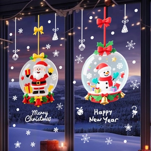 Festive Santa and Snowman window stickers with Merry Christmas greeting on night background