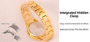 Detailed view of the integrated hidden clasp on a gold-tone stainless steel watch band