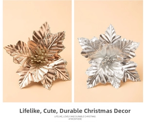 Detailed view of layered fabric Christmas flowers with sparkling gold and silver glitter coating