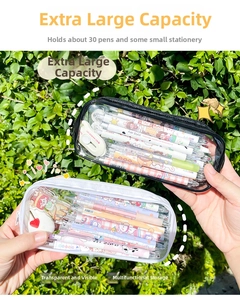 Detail of transparent PVC pencil bags in black and white styles with large capacity