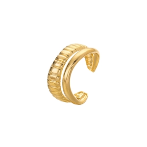Detail of gold double-layered open ring featuring striped texture and polished finish