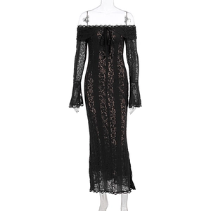 Detail of elegant black lace off-shoulder dress with trumpet sleeves and slim fit