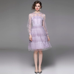 Elegant lavender lace mesh midi dress with long sleeves and floral embroidery details