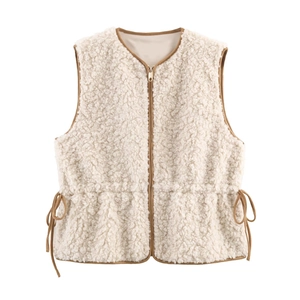 Women Faux Lamb Wool Vest Round Neck Zip Up Adjustable Waist Sherpa Fleece Gilet Retro Casual Outerwear