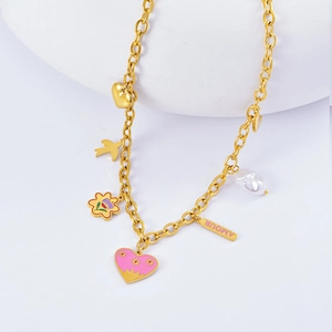 Golden chunky chain necklace with colorful enamel heart, flower charms and pearl pendant