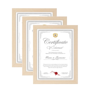 Three stacked light wood frames for A4 certificates with natural grain and modern style