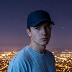 Man wearing a dark blue quick-dry baseball cap against a starry night city background