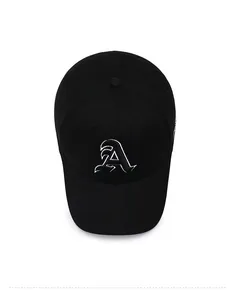 Top down view of black cotton baseball cap with white letter A embroidery and eyelets