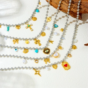 Edelstahl Künstliche Perlenkette Für Damen Legierung Künstliche Perle Kristall Herz Kreuz Böser Blick Anhänger Boho Layering Schmuck