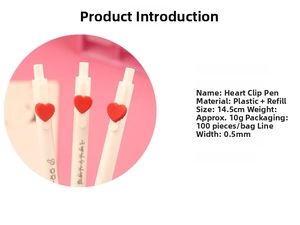 Detail of cream heart click pen showing red 3D ornament and 0.5mm nib technical specs