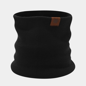 Detailed close-up of thick black knitted neck warmer with snowflake leather label