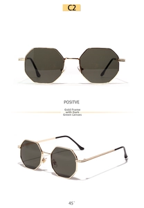 Detail of octagonal gold metal frame sunglasses with dark green lenses in two views