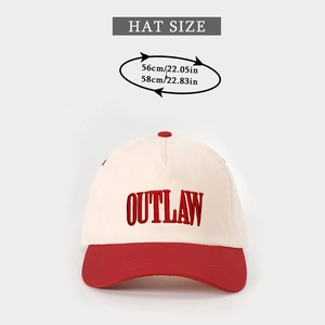 Detail showing embroidered Outlaw baseball cap size guide for head circumference 56-58cm