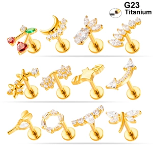 G23 Titanium Labret Stud Internally Threaded Cubic Zirconia Cherry Moon Flower Ear Cartilage Tragus Piercing Jewelry
