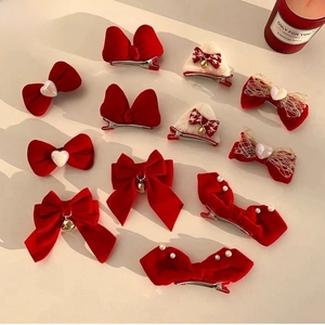 Red Bow Hair Clips Velvet Fabric Lace Rhinestone Artificial Pearl Festive Princess Style Hairpins For Women Girls Elegant Sweet