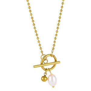 18k gold plated stainless steel pearl necklace with OT toggle clasp and gold bead pendant