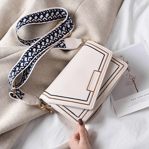 Women PU Leather Crossbody Bag Small Square Shoulder Bag With Wide Jacquard Strap Contrast Stitching Golden Hardware
