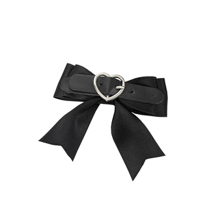 Gothic black satin bow hair clip with silver heart metal buckle and leather strap accent