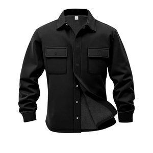 Detail of the warm grey fleece lining and interior size label of the black jacket