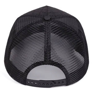 Detail of black mesh back and adjustable snapback closure on a trucker baseball cap