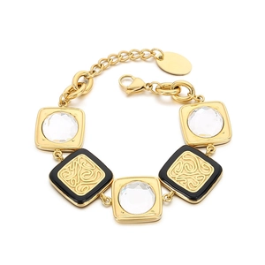 Vintage gold geometry bracelet with white glass crystals and black greek key pattern