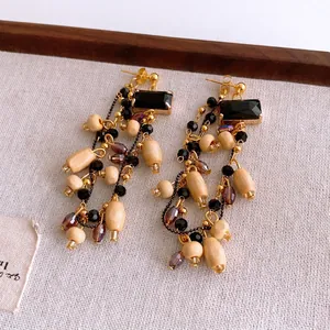 Vintage style square glass earrings with bohemian wood bead tassels and golden metal