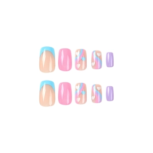 Blue French tips and purple press-on nails with white heart and wave patterns