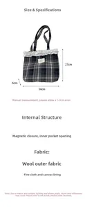 Detailed view of plaid wool tote bag with lace trim showing 34x27x6cm dimensions