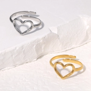 Minimalist stainless steel open rings with hollow heart design in gold and silver finish
